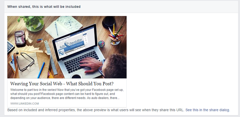 Successful Shared Facebook Link showing link description and image