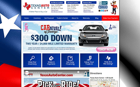 Screen shot of Texas Auto Center website, by AutoDealerWebsites.com