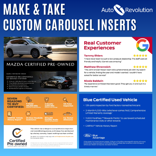 Custom Make & Take Carousel Inserts for Car Dealerships.