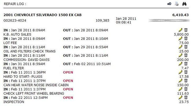 Screen shot sample of repair manager log.